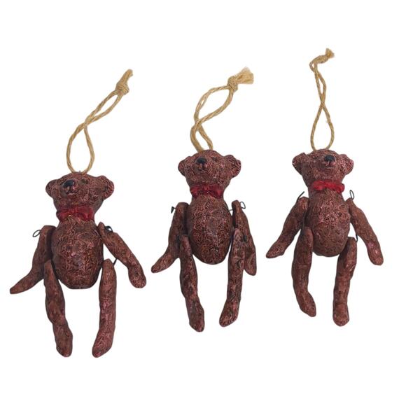 Lot of 3 VTG Brown Teddy Bear Articulated Moveable Joints Christmas Ornament - Picture 1 of 7